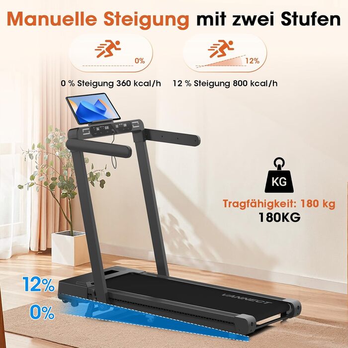 Walking Pad VANNECT: компактний біговий тренажер для дому з регулюванням нахилу, LED-дисплеєм, пультом керування, потужністю 3.0HP та вагою до 180 кг (чорний)