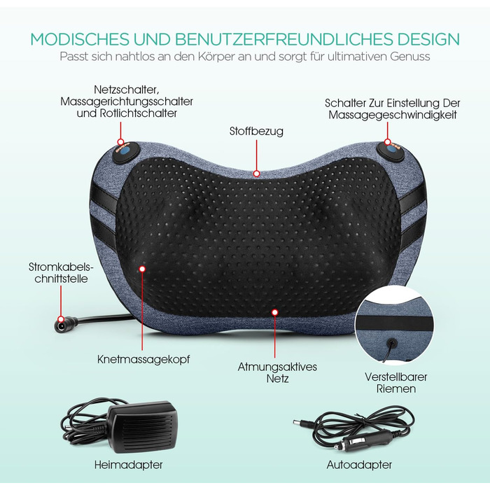 VOYOR HEALTH Масажна подушка з функцією підігріву, шиацу масажер з 3D масажними головками для шиї, спини та ніг, електричний прилад для зняття м'язового болю, подарунок для чоловіків і жінок, модель YZ200, блідо-блакитний
