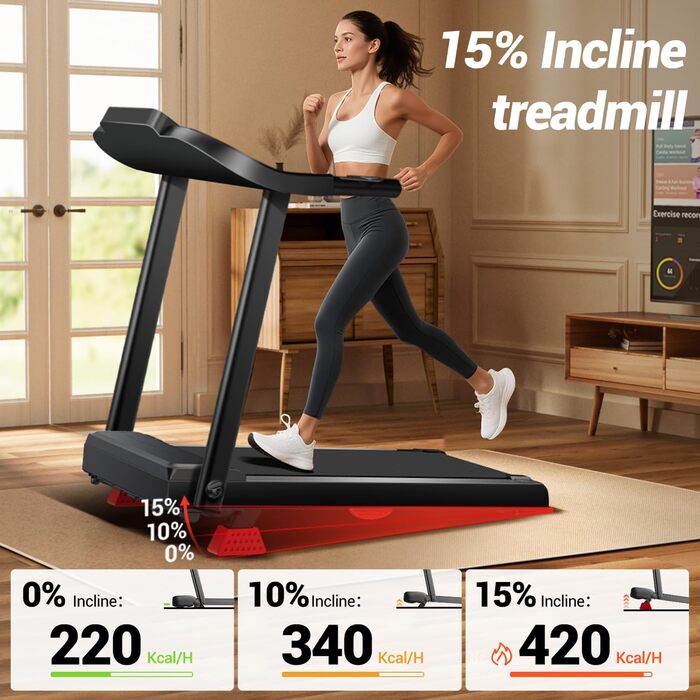 Біговий тренажер UMAY для дому, складаний, 14 км/год, 3.0PS/2200W з монітором серцевого ритму, APP та динаміками, 12 програм тренувань, максимальне навантаження 136 кг, нахил 15%