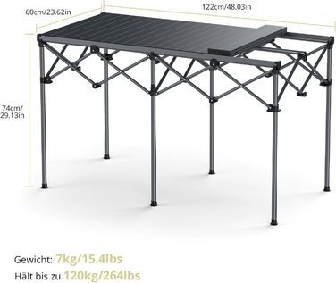 Складний алюмінієвий стіл для кемпінгу Anbte, 122x60x74 см, до 120 кг, для 6-8 осіб, чорний - з сумкою для транспортування