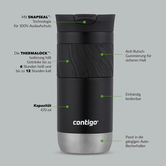 Термокружка Contigo Byron Snapseal 470 мл, нержавіюча сталь, Licorice - герметична, для кави, без BPA
