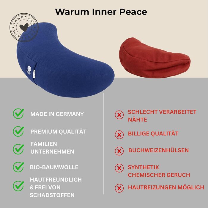 Подушка для йоги та медитації Inner Peace Halbmond (42x20 см), синя. Бавовна, гречане лушпиння, знімний чохол.