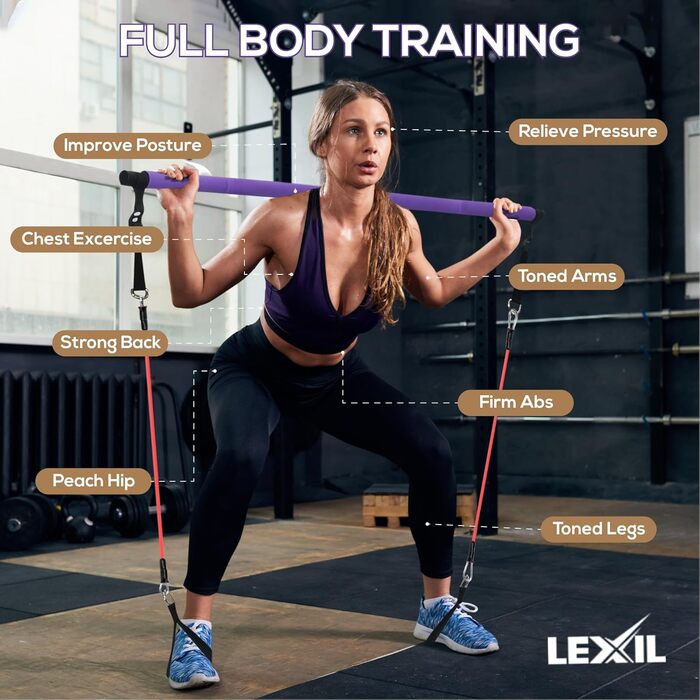 Портативний Pilates-бар LEXIL з 3 парами еспандерів (15, 20, 13,6 кг), фітнес-набір для дому, для чоловіків і жінок, для зміцнення тіла, з відеоуроком, фіолетовий
