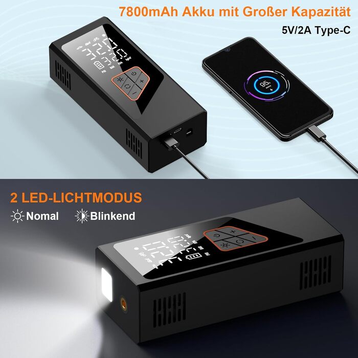 Електрична повітряна помпа-компресор 7800mAh, 150PSI з акумулятором, компактний електричний насос для велосипедів, авто, мотоциклів, м'ячів з манометром