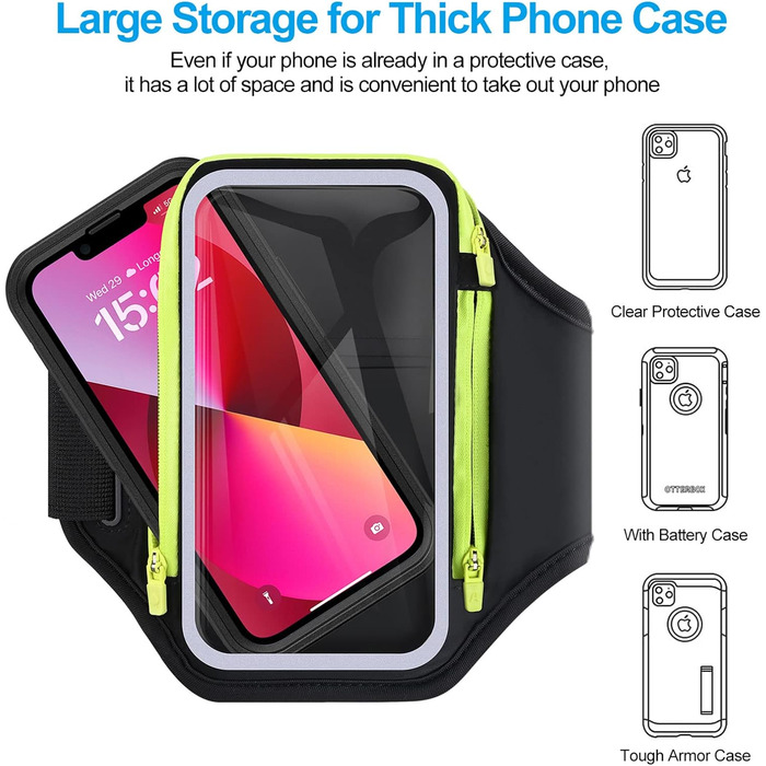 Спортивний браслет для телефону з кишенею для навушників, чорний. Сумісний з iPhone 17, 16, 15. Тримач для телефону 6.9 дюймів для бігу та фітнесу.