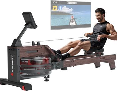 Водний весловий тренажер LESUNFIT з масиву дуба, Bluetooth монітор, підтримка Kinomap, приймач пульсу, комфортне сидіння, подвійна рейка, навантаження до 150 кг