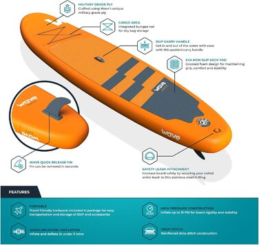 Надувний SUP-борд Wave Tourer Premium: комплект з аксесуарами | Широкий, з неслизьким покриттям, для юніорів та дорослих