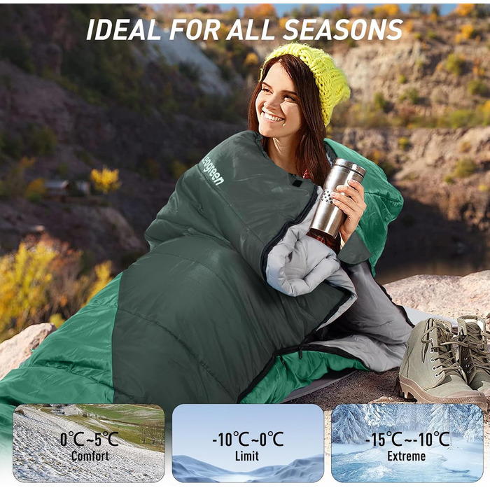 Спальник Leogreen пуховий для дорослих, 3-4 сезони (-15℃ ~ +5℃), 300 GSM, 1800г, для кемпінгу, туризму та альпінізму, 210x80x35 см (Зелений)