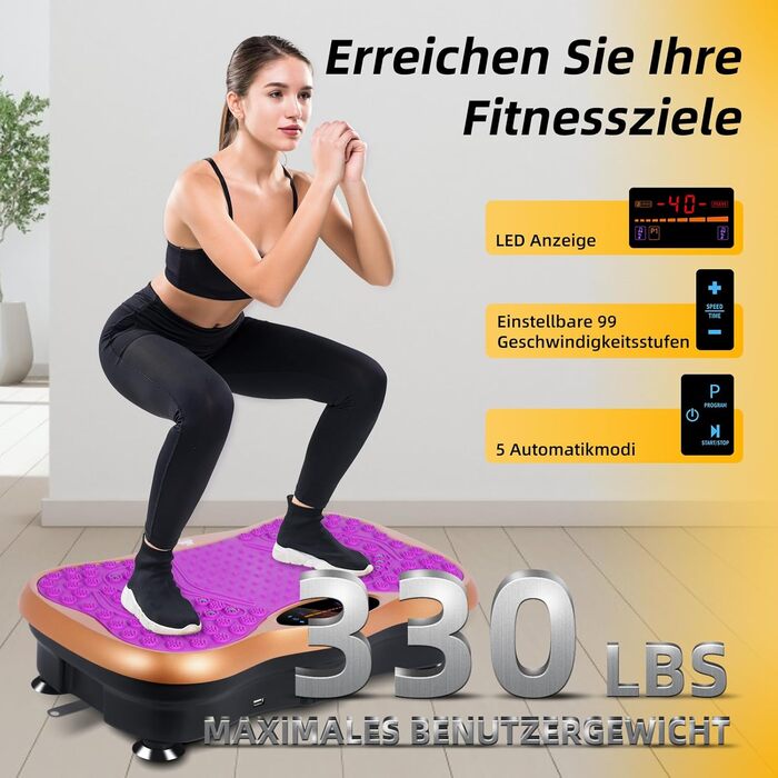 Вібраційна платформа EVOLAND з 5 програмами тренувань, Bluetooth, стрічки опору для всього тіла (фіолетовий)