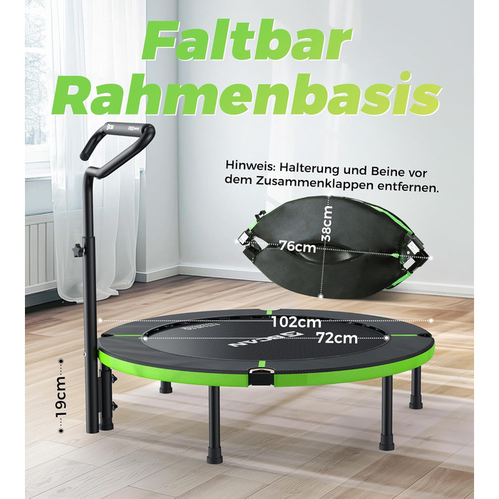 Міні-батут BCAN для дому, 102 см, складний, для дорослих, з регульованою ручкою, до 150 кг, для фітнесу та тренувань