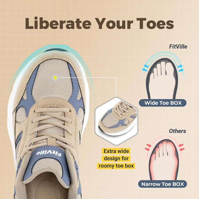 Кросівки FitVille для чоловіків, широкі, для бігу та занять спортом. Зручні кросівки з антиковзкою підошвою, дихаючі, для бігу по вулицях, на природі, для джогінгу, фітнесу та ходьби. Широкі кросівки для широкої стопи (50 EU X-широкі, бежеві з синім)