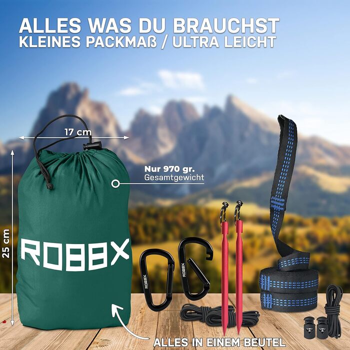 Гамак для відпочинку на відкритому повітрі ROBBX® з москітною сіткою на 2 особи | 300 кг | Подвійний гамак з комплектом кріплення | Нейлон, для кемпінгу та подорожей | 290x140 см (Зелений)