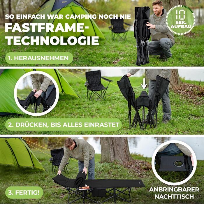 NORDICTRAILS Кемпінгове ліжко NORDICTRAILS - розкладне, XXL, зручне | Розкладне, легке та широке для відпочинку на природі | Гостьове ліжко, лежак, розкладне ліжко, рибальське ліжко, кемпінгове ліжко для коропа з суперм'яким матрацом (з матрацом, чорне)