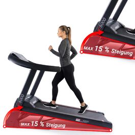 Електричний біговий тренажер Miweba Sports HT5000 | 7 PS, 18 км/год, нахил до 15%, вантажопідйомність 150 кг, з додатком, складаний, велика площа для бігу, 12 програм, для дому, чорний