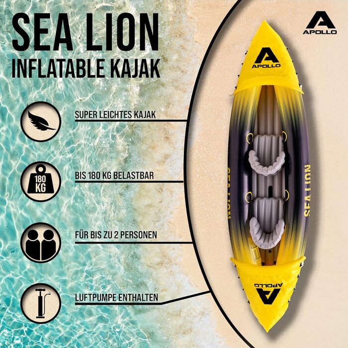 Надувний каяк Apollo Sea Lion для двох осіб, просторий 312x91x51 см, стійкий та легкий, комплект, жовтий