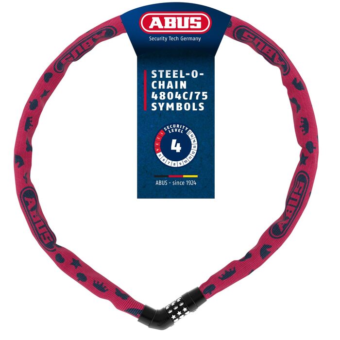 Ланцюговий замок для дитячого велосипеда ABUS Steel-O-Chain 4804C SYMBOLS, кодовий, рожевий, 75 см, рівень безпеки 4