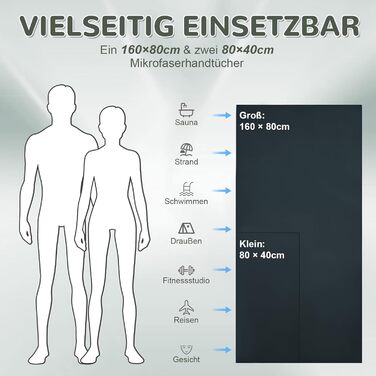 Набір з 3 рушників з мікрофібри Fosdaling (великий 160x80 см та 2 маленьких 80x40 см), швидковисихаючі, для фітнесу, спорту, пляжу, ванни, подорожей, темно-сірий