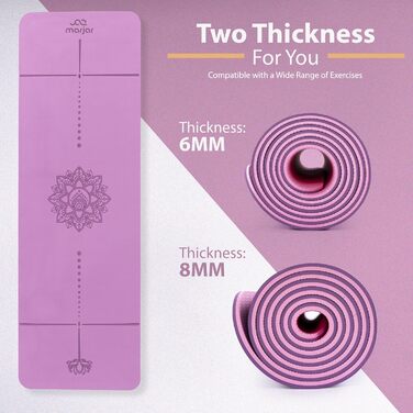 Килимок для йоги Marjar з неслизьким покриттям, фітнес-килимок для занять гімнастикою та йогою, TPE, з ручкою для перенесення, 183x61x0.6/0.8/1 см, фіолетовий & рожевий