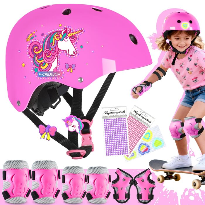 Дитячий шолом Einhorn для дівчаток з наколінниками. Захист для роликів, скейтборду, самокату та велосипеда. Розмір S (3-6 років). Рожевий колір.