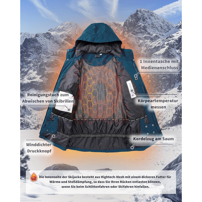 Чоловіча лижна куртка 33000ft: Водонепроникна, вітрозахисна, тепла, функціональна куртка для сноуборду та лиж. Softshell з капюшоном, колір: блакитний (S)