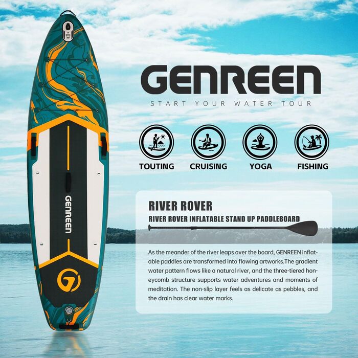 Надувне SUP-борд GENREEN (Extra Groß) для всіх рівнів підготовки, 335x86 см, для дорослих, з аксесуарами, тримач для камери, 3 фіни, вантажопідйомність до 200 кг, колір: джунгле-грін