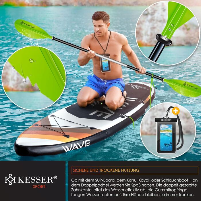 Веслування KESSER® Paddle Doppelpaddel - 4-частини для каяка, SUP, станд-ап паділбордингу, 228 см, алюміній. Ідеально для човна, веслування стоячи. В комплекті: страховочна мотузка, чохол для телефону, дошка для серфінгу. (Зелений)