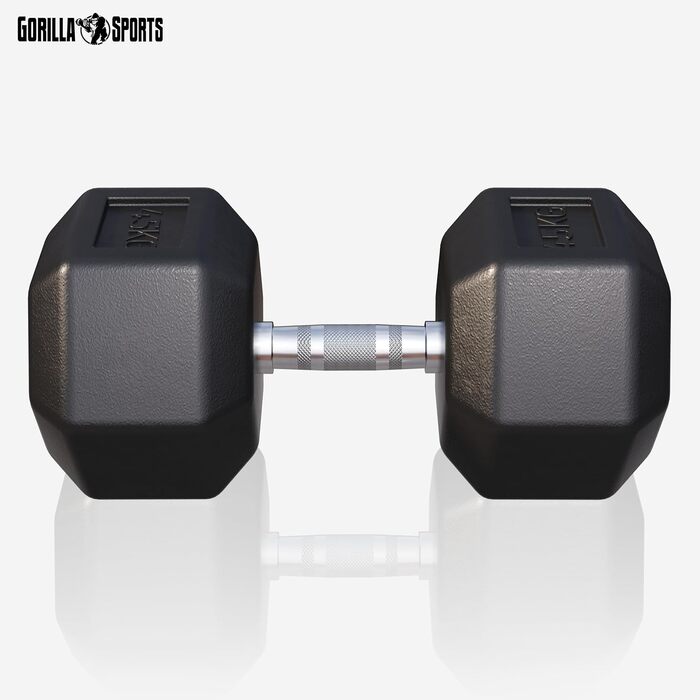 Гантелі шестигранні GORILLA SPORTS 45 кг, гумовані, гантелі для фітнесу й силових тренувань, гриф хромований, нековзна рукоятка