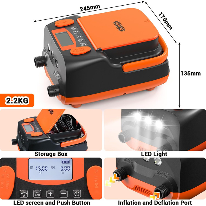 Електричний насос Dr.meter SUP з акумулятором 6000mAh: для SUP-дошок, човнів, наметів, каяків