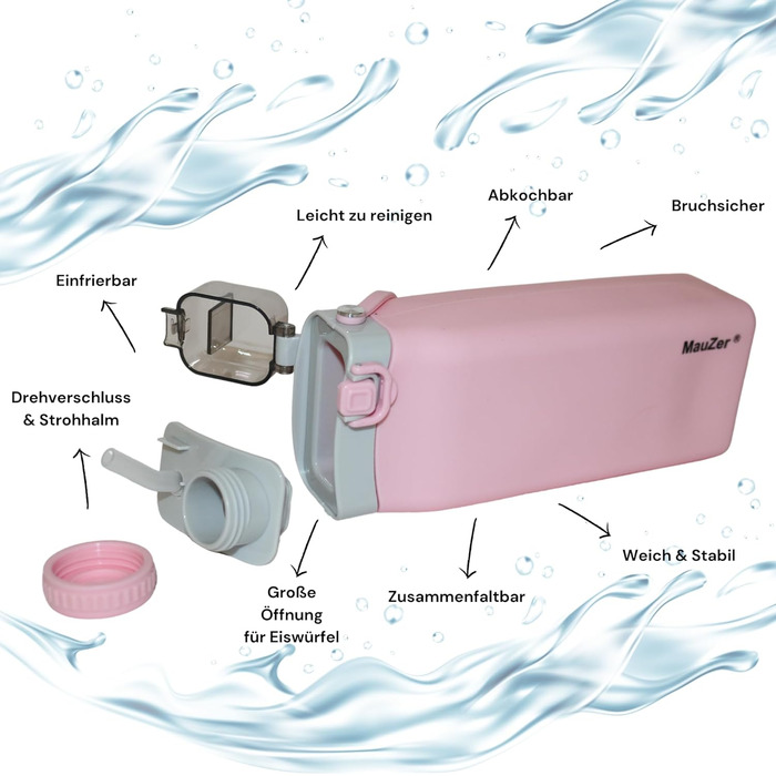 Складана пляшка для води Mauzer® з трубочкою - 600 мл, силікон, BPA free, для дітей, спорту, подорожей, кемпінгу, фестивалів (Рожева)