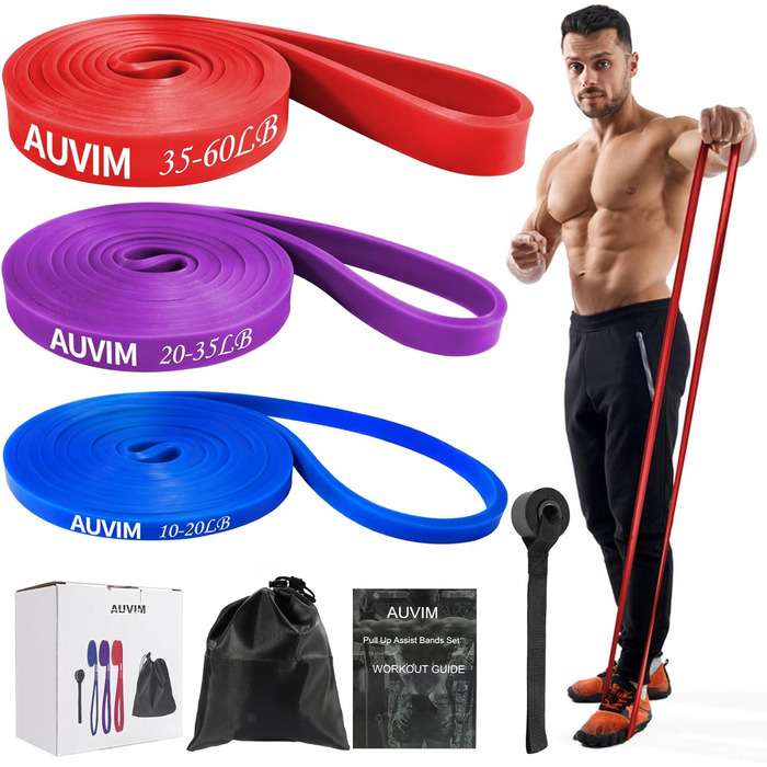 Набір еластичних стрічок для фітнесу AUVIM: 3 рівні опору для силових тренувань, розтяжки, калістеніки, кросфіту, пілатесу, йоги. У комплекті: дверний анкер та сумка для зберігання (блакитний, фіолетовий, червоний)