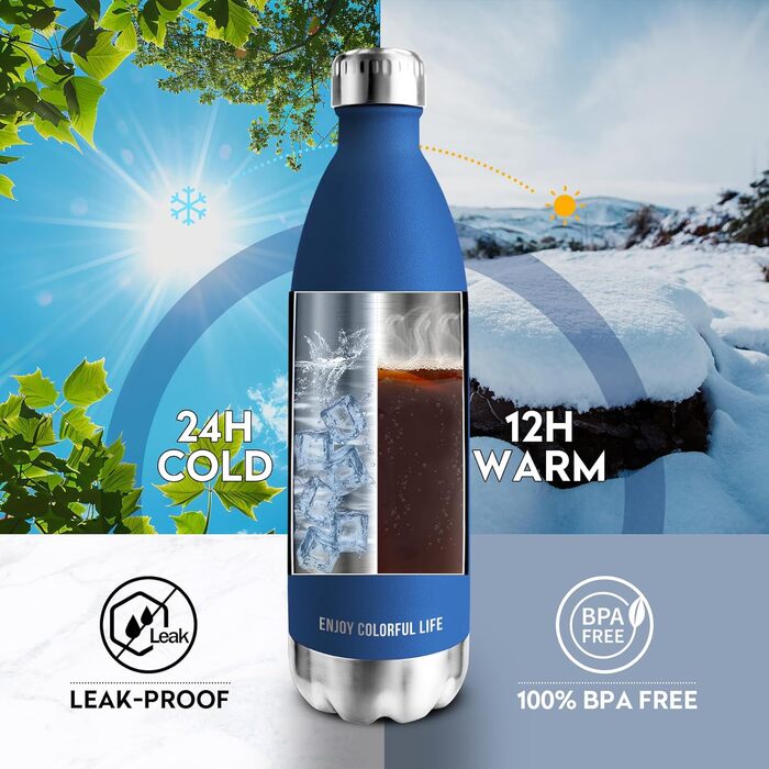 Термос KollyKolla з нержавіючої сталі, 500мл/750мл/1л, без протікань, ізотермічна пляшка, для дітей, спортивна, для школи, фітнесу, відпочинку на природі, кемпінгу, 1000 мл, темно-синій