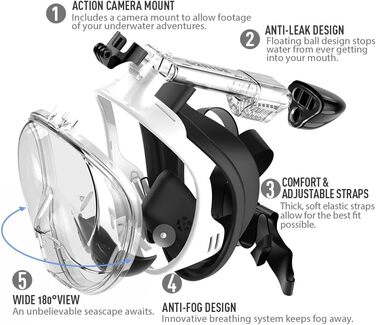 Маска для снорклінгу G2RISE® з трубкою, складна, CO2-безпечна, повна маска з кріпленням для камери, для дітей та дорослих (XS, чорно-біла)