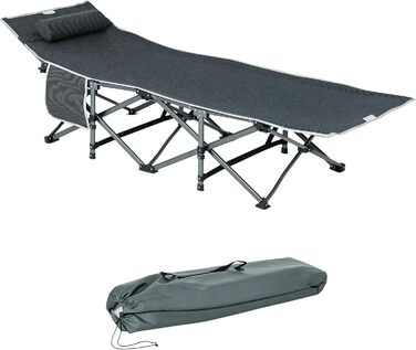 Розкладне туристичне ліжко Outsunny з подушкою та кишенею, сіре, 188 x 64,5 x 53 см, до 150 кг