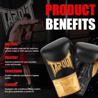 Боксерські рукавички Tapout LOCKHART зі шкіри, чорні/золоті, 10 унцій, 1 пара