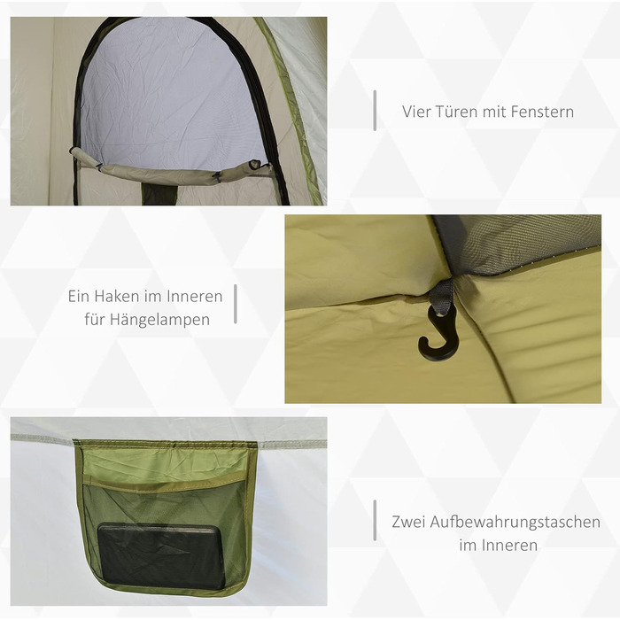 Намет Outsunny Pop-Up для 3 осіб, UV 50+, зелений: сімейний кемпінговий намет з гаком, 4 дверима, вікнами, підлогою та водонепроникністю 1000 мм