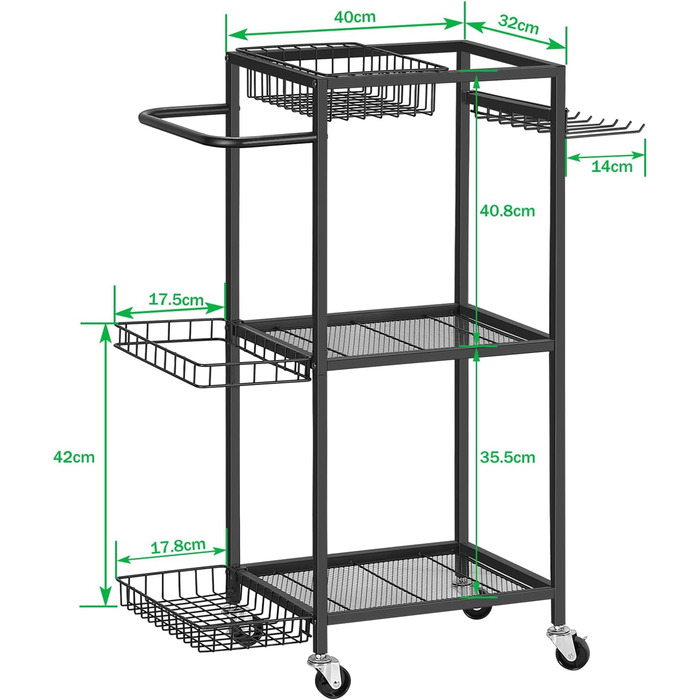 Стійка для зберігання спортивного обладнання Smusei: 3 яруси, металева, з роликами та 8 гачками. Підходить для йог-матів, гантелей, гир, кульок та іншого. Чорний колір.