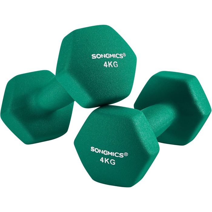 Гантелі SONGMICS, набір 4 шт, 2×4 кг і 2×5 кг, для силових тренувань вдома, в офісі чи спортзалі, чорні та зелені