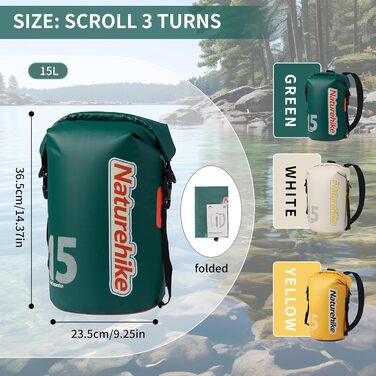 Водонепроникний рюкзак Naturehike Dry Bag 15L – Сумка-мішок для каякінгу, човнів, риболовлі, рафтингу, плавання, сноубордингу (Зелений)