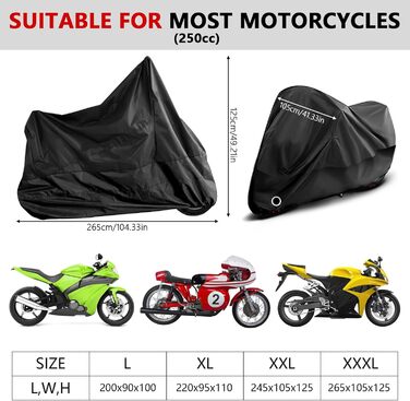 Водонепроникна накидка для мотоцикла Motorrad Abdeckplane, 210D, UV-захист, зимова, чорна, XXXL (265x105x125cm)
