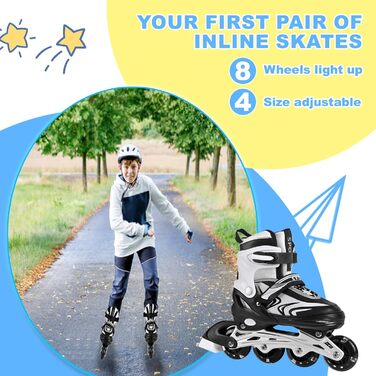 Регульовані дитячі ролики для хлопчиків та дівчаток, ролики для дітей, ролики для дівчаток та хлопчиків, ролики для підлітків, ролики для малюків, для занять в приміщенні та на вулиці, чорно-білі