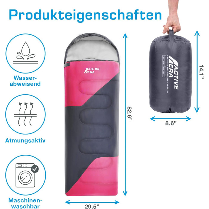 Сплячий мішок Active Era Premium Mumienschlafsack 250 GSM, зимовий та літній, 0°C - 15°C, для кемпінгу, фестивалів, подорожей, водонепроникний, ультралегкий, компактний (Рожевий)