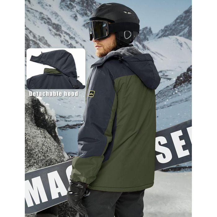 Зимова куртка MAGCOMSEN для чоловіків: тепла, водонепроникна, з капюшоном. Ідеальна для катання на сноуборді, активного відпочинку та роботи. Розмір XXL, колір хакі.