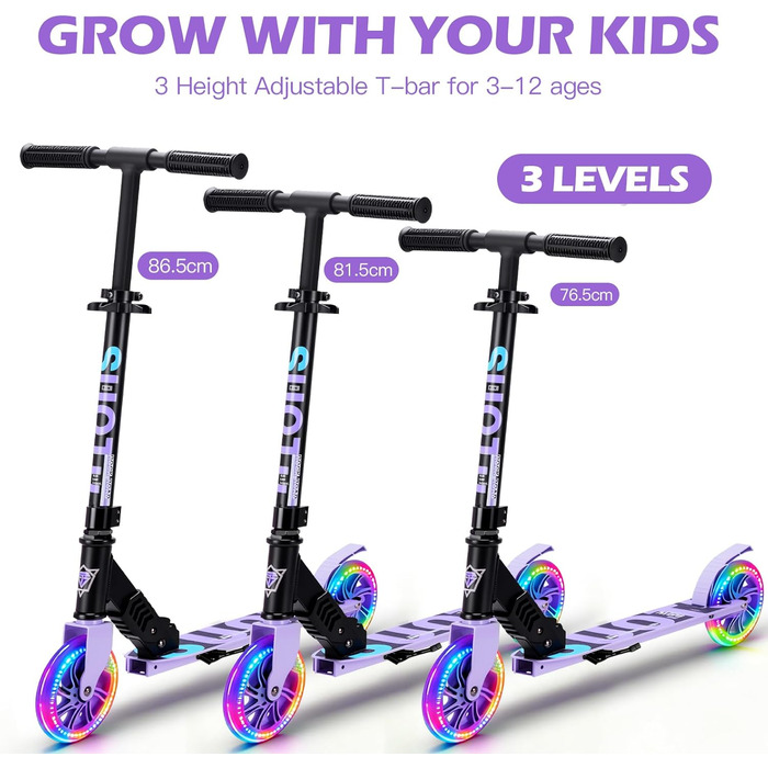 Самокат дитячий SUOTU з колесами 145 мм, до 100 кг, світлодіоди, складаний, регульована висота, алюмінієвий (Чорно-фіолетовий) для хлопчиків та дівчаток 3-12 років