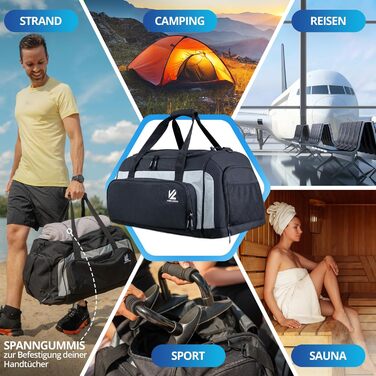 Спортивна сумка VL® з відділенням для взуття, мокрою одежі, ізольованим кульковим відділенням, сауною та туристичною сумкою для жінок та чоловіків. 50 л, чорно-сірий/чорно-срібний