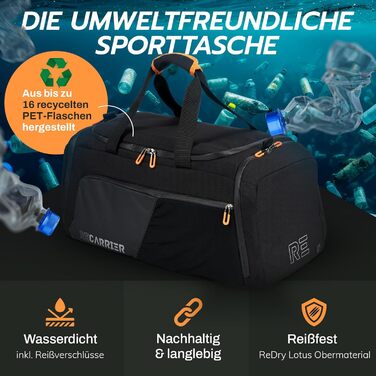 Спортивна сумка [з переробленого PET] 50L – сумка для тренувань та рюкзак 2в1 – водонепроникна спортивна сумка для чоловіків та жінок – спортивний рюкзак з відділенням для взуття, велика туристична сумка (Obsidian Ember Black)