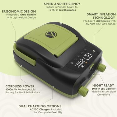 Електричний насос для SUP та надувних човнів Crew & Axel - акумулятор 6000mAh, 20PSI, 12V, зелений
