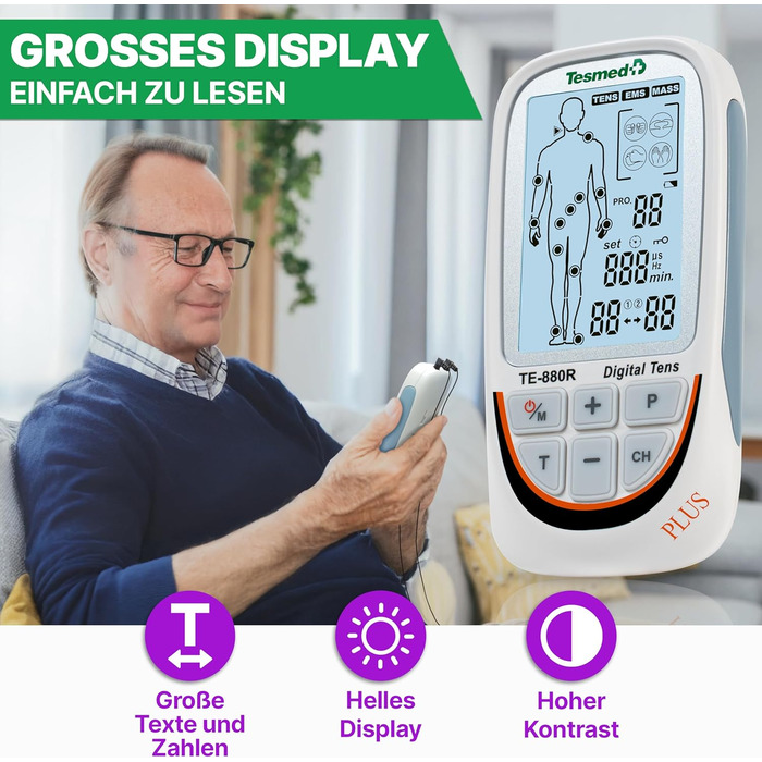 TESMED TE-880R Plus: Музелелектричний стимулятор TENS EMS, пристрій для зняття болю та масажу, 73 програми (2 налаштовуються), 8 електродів