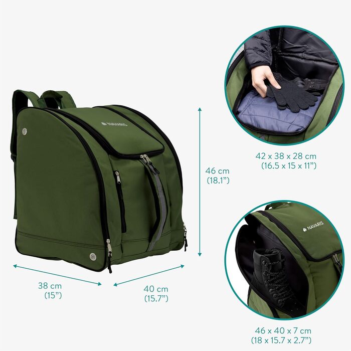 Нарис Рюкзак для лиж Зелений - Великий об'єм & водовідштовхувальне покриття - Кишенька для лижних черевиків та шолому - Ідеально для лижного спорядження.