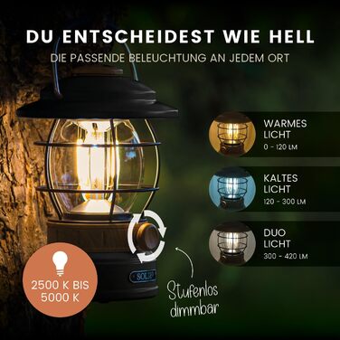 Ліхтар кемпінговий Solis 3 з акумулятором 8000mAh, Powerbank, регульоване світло, IP44, LED, для туризму (Cremeweiß/Schwarz, Holzeffekt)