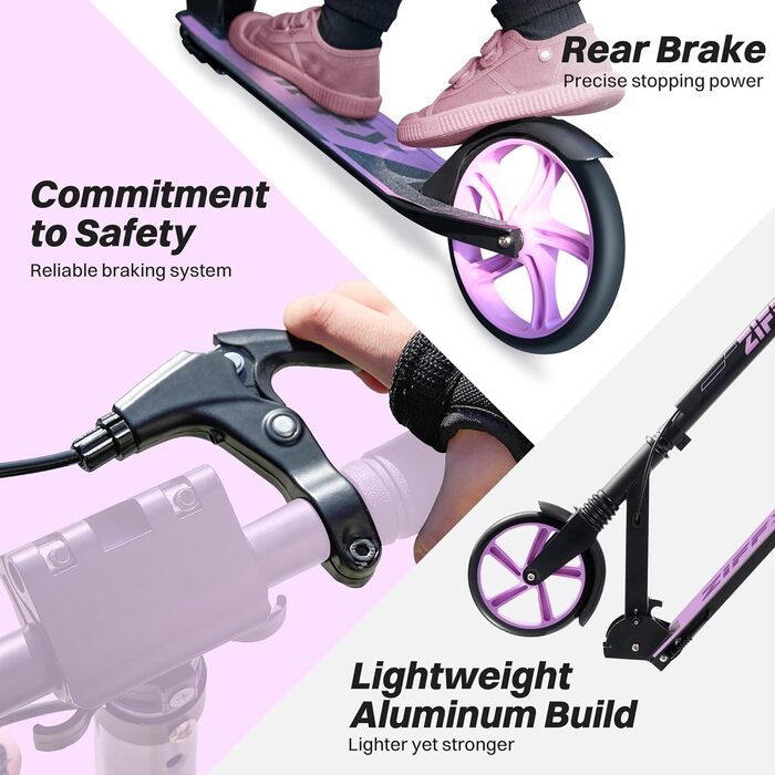 Тротлер ZIFFY для дітей та дорослих, 6-12 років, зелено-фіолетовий, 200 мм колеса, ABEC-9, амортизація, складний алюмінієвий каркас, регульований кермо, ручне гальмо, вантажопідйомність 118 кг